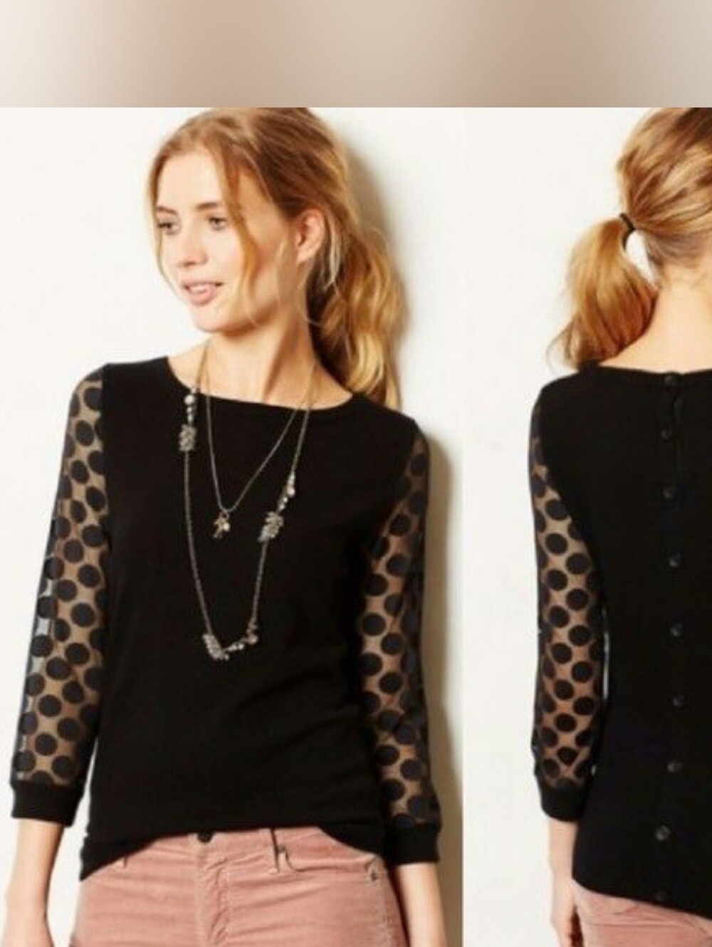 Anthropologie Sparrow Black Polka Dot Sheer-Sleeve Sweater